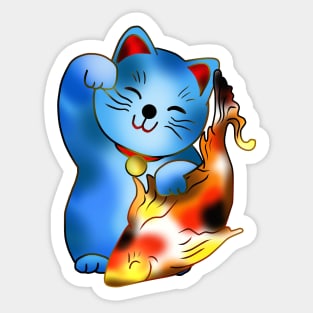 Right paw blue maneki neko lucky cat with fish Sticker